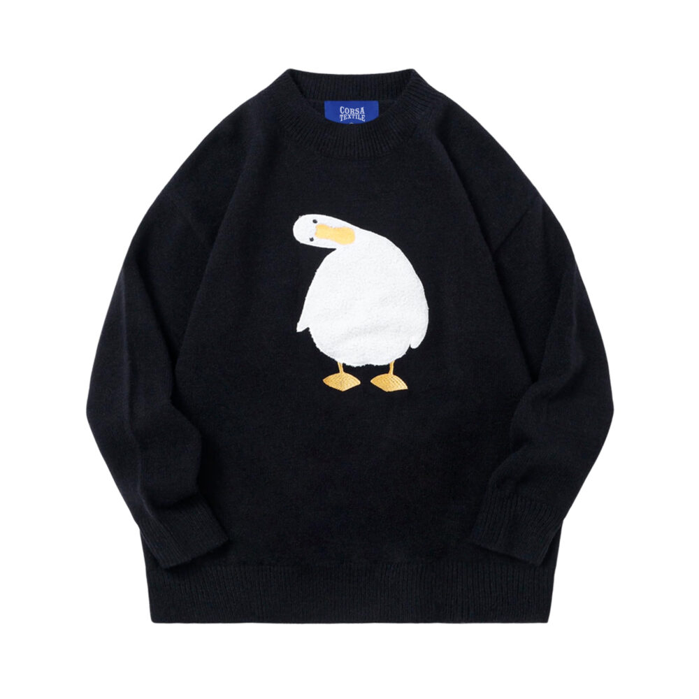 Oversized Knitted Sweater Men Cartoon Duck Goose Embroidery Jumpers Japanese