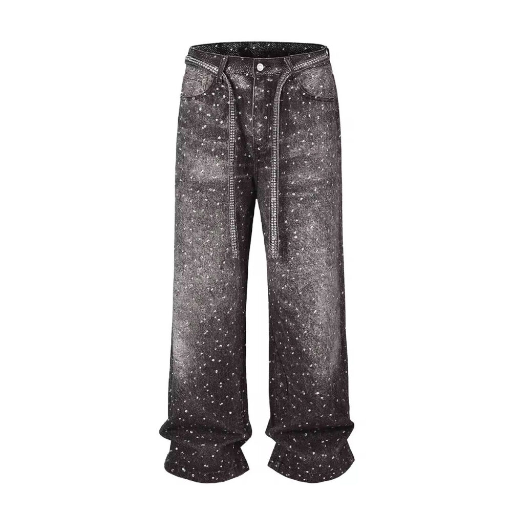 Men's Washed Rhinestone Jeans with Rhinestone Belt