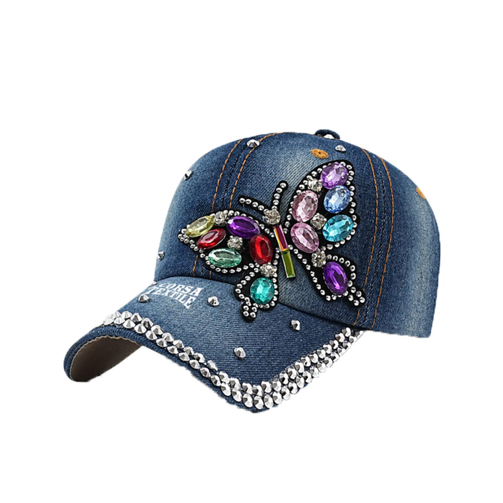 Denim Cap with Vibrant Butterfly Rhinestone Design