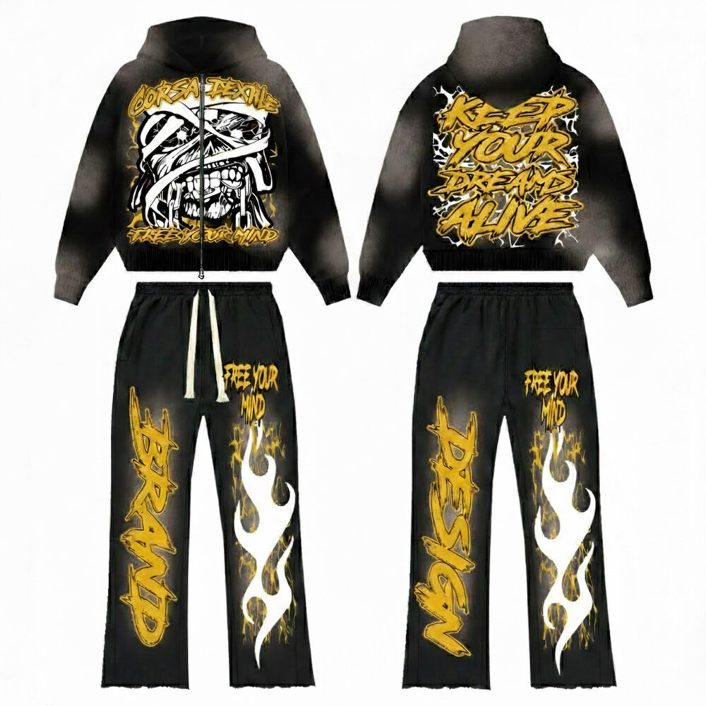 Acid Wash Cotton Thick Zip up Flared Full Tracksuits for Men